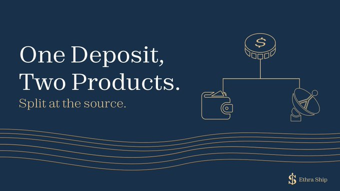 An advertisement banner with a dark blue background reading 'One Deposit, Two Products. Split at the source.' featuring line-art icons of a coin, wallet, and satellite, branded 'Zchra Ship'.