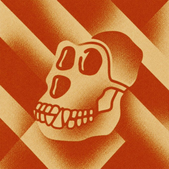 The image features a skull with its mouth open, set against an orange background that resembles a zigzag pattern or a striped design. The text "GM bayc otherside $APE" is also present in the image. This combination of elements creates a striking visual effect and draws attention to the skull's unique position within the frame.