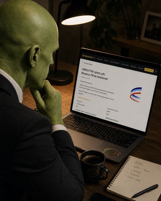 A green-skinned figure in a suit sits at a desk studying a Binance TR listing page for the AERO/TRY trading pair, with handwritten notes beside the laptop outlining the AERO token's fundamentals. The image illustrates a disciplined approach to new listings—prioritizing research into the project's utility and tokenomics before reacting to price action.