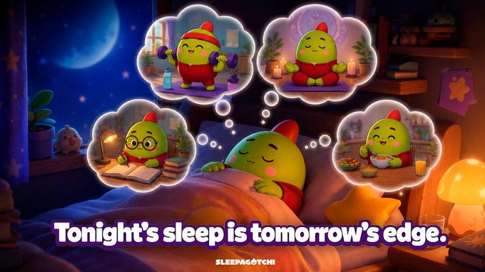 The image features a cartoon green character with a red hat who appears to be in bed, possibly taking a nap or sleeping. The character has six different thoughts floating around their head, each representing a different aspect of life. These thoughts include "Today's sleep is tomorrow's edge", which seems to be a quote about the importance of sleep and its impact on one's well-being.

The image also includes text that reads "tonight's sleep is tomorrow's edge" and "focus, decision making, even how your body handles that extra coffee". This suggests that the character might be emphasizing the significance of prioritizing sleep for overall health and productivity.