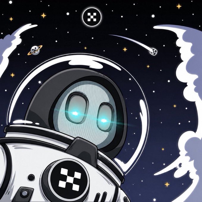 A cartoon astronaut with glowing blue eyes floats through a starry space scene featuring a Saturn-like planet, a shooting star, and OKX logos, symbolizing the 24/7, borderless nature of crypto trading. The image visually reinforces the post's message of round-the-clock market engagement and the global reach of the OKX platform.