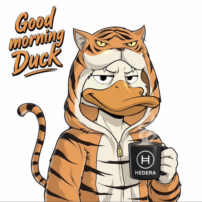 'Good morning Duck' cartoon illustration showing a grumpy tiger in a tiger-striped hoodie holding a black 'HEDERA' branded mug.