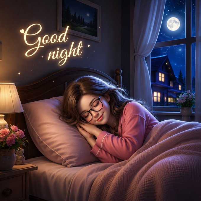 A digitally illustrated scene of a young woman with glasses peacefully sleeping in a cozy bed under a pink blanket, illuminated by a warm lamp and a glowing 'Good night' sign on the wall, with a full moon visible through the window.