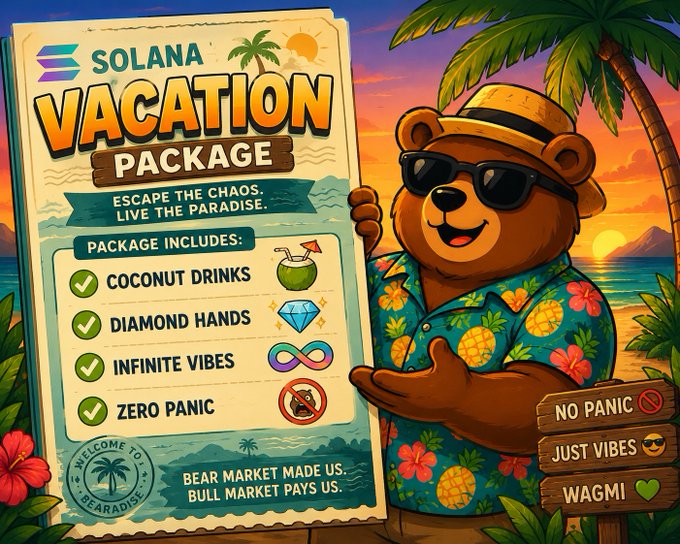 The image features a cartoon bear dressed in a Hawaiian shirt, holding up a sign that says "SOLANA VACATION PACKAGE" with a tropical beach scene behind him. The text at the bottom of the image reads "Focus on what is in the image and how it relates to the post".