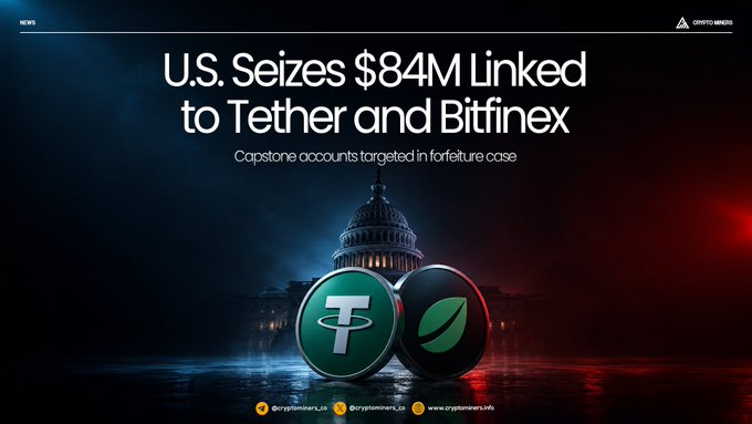 Cryptos.News article header reading 'U.S. Seizes $84M Linked to Tether and Bitfinex' showing the Tether and Bitfinex logos