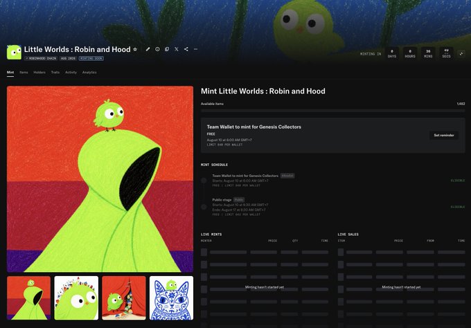 A webpage for 'Little Worlds : Robin and Hood' NFT collection on Mint showing mint schedule, available items, and live mint statistics.