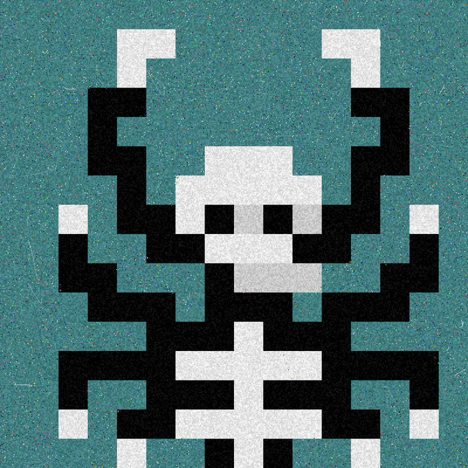 A pixel art depiction of a skeletal or masked figure with raised arms, rendered in black and white on a teal textured background.