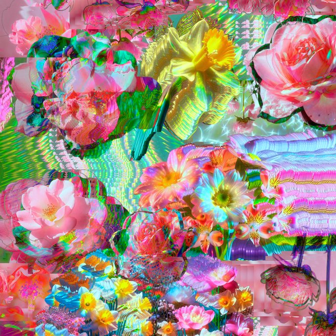A vibrant, surreal digital collage of oversized, iridescent flowers in neon pinks, yellows, greens, and blues with a glitchy, holographic aesthetic.