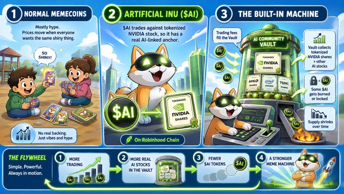 An illustrated infographic contrasts "Normal Memecoins" (hype-driven, no backing) with "Artificial INU ($AI)" on the Robinhood Chain, showing that $AI trades against tokenized NVIDIA shares to fuel the "AI Community Vault," which collects real NVIDIA stock while burning or locking $AI tokens. The bottom "Flywheel" diagram visually reinforces the caption's cycle: more trading → more real AI stocks in the vault → fewer $AI tokens → a stronger meme machine.