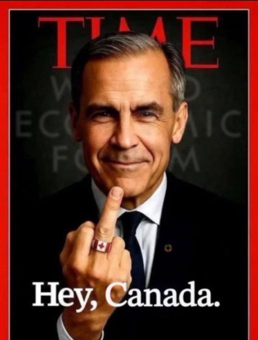 A TIME magazine-style cover featuring a man in a suit holding a Canadian flag ring up to his face with the caption 'Hey, Canada.'