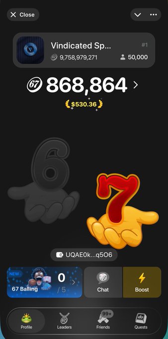 A screenshot of a Telegram mini-app game called "Vindicated Sp..." showing 868,864 coins ($530.36) with a stylized "67" and "7" hand emoji, alongside a "G7 Bailing" event with the code "UQAE0K...q5O6." The imagery ties to the post's playful Club67 airdrop theory, with the number 7 prominently featured as a teaser for the upcoming announcement.