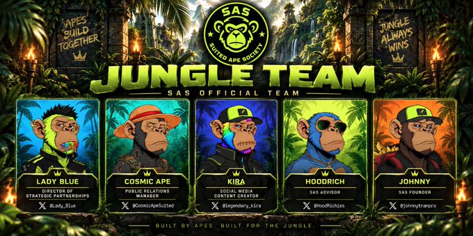 A promotional graphic titled 'JUNGLE TEAM' for 'SAS OFFICIAL TEAM' featuring five members: Lady Blue (Strategic Partnerships), Cosmic Ape (Public Relations), Kira (Social Media Content Creator), Hoodrich (SAS Advisor), and Johnny (SAS Founder).