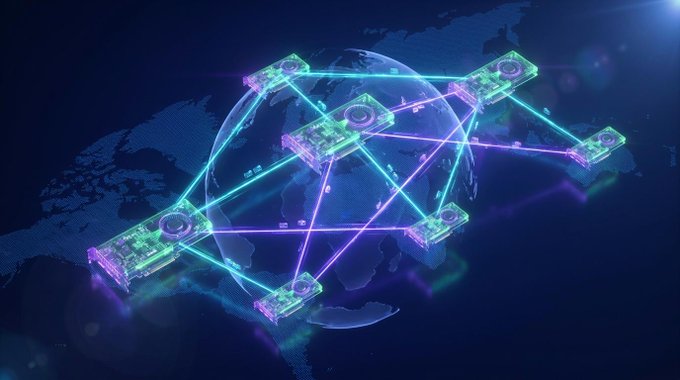 A digital illustration depicts a glowing globe wrapped in a network of neon green and purple lines connecting circuit board nodes, set against a world map.