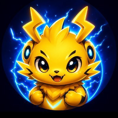 A chibi-style, glowing yellow electric creature with long ears and lightning bolt accents stands against a dark background illuminated by blue electrical arcs.