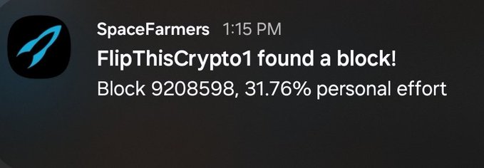 A Discord notification from SpaceFarmers announces that FlipThisCrypto1 found a block, specifically Block 9208598 with 31.76% personal effort.
