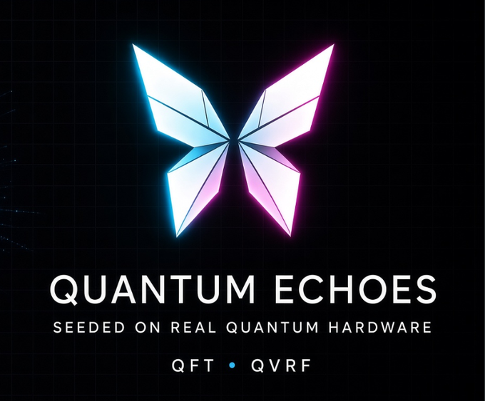 Logo for 'QUANTUM ECHOES' featuring a glowing, butterfly-like geometric shape in cyan and magenta against a dark grid background. Subtext reads 'SEEDED ON REAL QUANTUM HARDWARE' with tokens 'QFT · QVRF' listed below.