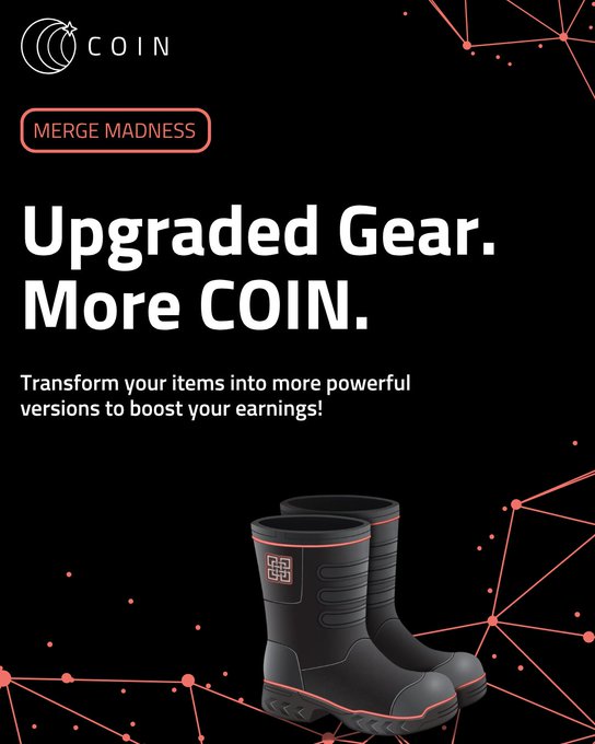 A promotional graphic with 'MERGE MADNESS' header reading 'Upgraded Gear. More COIN.' featuring 3D-rendered black boots with red accents on a dark background with red constellation patterns.