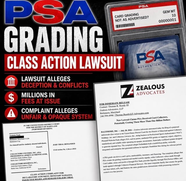 This image depicts a "PSA GRADING CLASS ACTION LAWSUIT" with key text highlighting alleged deception, millions in fees, and an unfair system, directly relating to the post's call for a "digital collectibles fix."