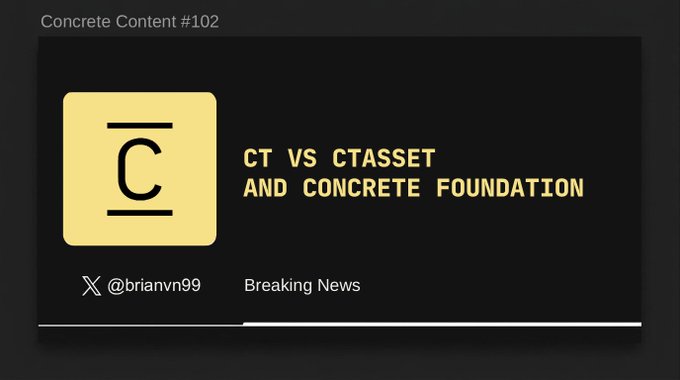 A podcast episode thumbnail titled "Concrete Content #102: CT vs CTASSET and Concrete Foundation," credited to @brianvn99 and labeled "Breaking News," visually corresponds to the accompanying post's focus on Concrete's new release discussing the relationship between the $CT token and Concrete's infrastructure.