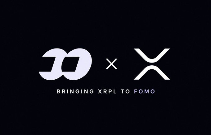 A black promotional graphic showing a collaboration between two logos with an 'x' between them, accompanied by the text 'BRINGING XRPL TO FOMO'.