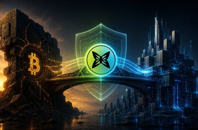 A glowing shield emblem featuring the Kyber (KNC) logo bridges a rugged rock fortress bearing the Bitcoin symbol on the left and a futuristic digital metropolis on the right, symbolizing Kyber Network's role in connecting legacy crypto value with next-generation blockchain infrastructure.
