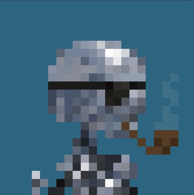 A heavily pixelated image showing what appears to be a figure with a smoking pipe against a blue background.