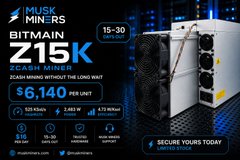An advertisement for a Musk Miners BITMAIN Z15 K cryptocurrency mining machine priced at $6,140 per unit, with specs showing 1016W power and 472 Watts.
