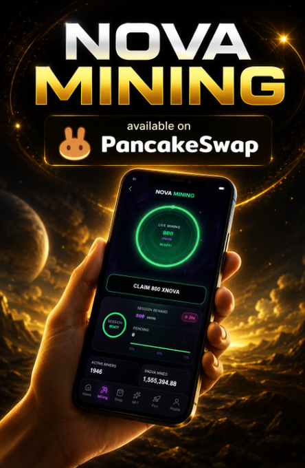 A hand holds a smartphone displaying the "NOVA MINING" app interface with stats showing "196" active miners and "1,595,394.88" total NOVA mined, beneath bold "NOVA MINING" text announcing availability on PancakeSwap against a cosmic, golden-hued background—visually reinforcing the post's message that NOVA mining is live on BNB Chain via PancakeSwap.