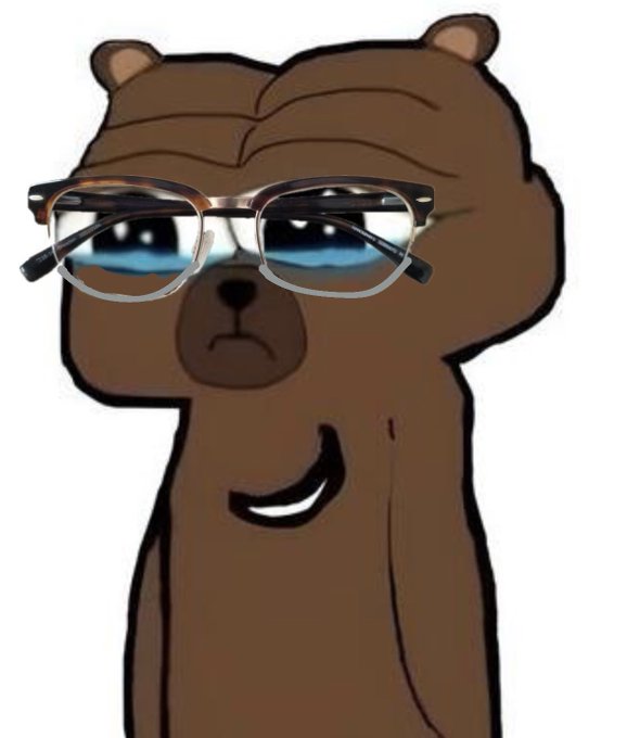 A cartoon drawing of a sad brown bear wearing large glasses with teary blue eyes.