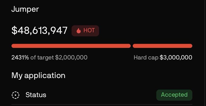 A dark-themed funding dashboard for 'Jumper' showing $48,613,947 raised (2431% of target $2,000,000, hard cap $3,000,000), marked as HOT, with an 'Accepted' application status.