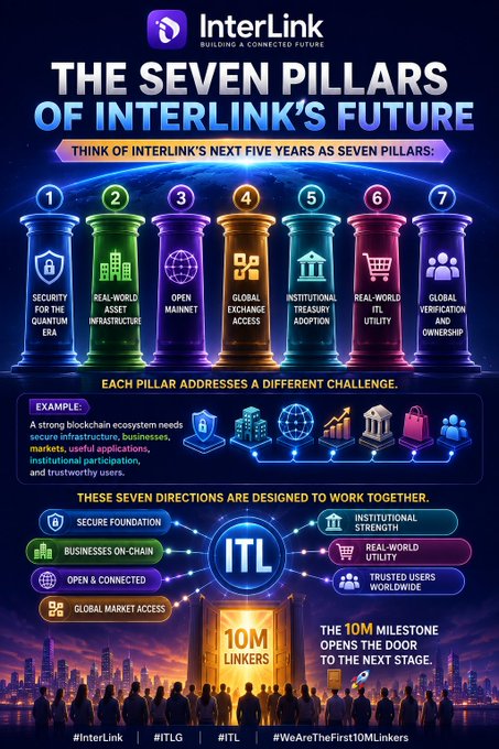 The image is an infographic titled "The Seven Pillars of InterLink's Future," featuring seven colorful pillars labeled 1 through 7, each representing a strategic direction: Security for the Quantum Era, Real-World Asset Infrastructure, Open Mainnet, Global Exchange Access, Institutional Treasury Adoption, Real-World ITL Utility, and Global Verification and Ownership. The pillars connect to a central "ITL" hub, illustrating how these directions work together, with a "10M Linkers" milestone highlighted at the bottom—aligning with the post's message about InterLink's (ITLG/#ITL) five-year roadmap.