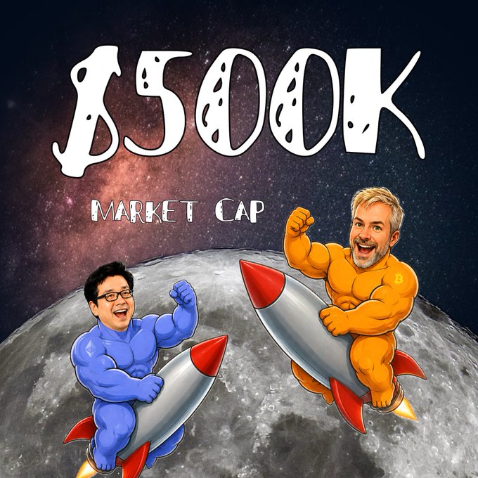 A graphic showing 'B500K MARKET CAP' with two cartoon-muscular figures riding rockets against a moon and starry sky background.