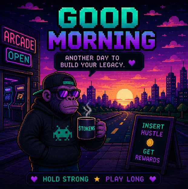 A vibrant pixel art graphic features a monkey in sunglasses and a hoodie holding a coffee mug labeled '$TOKENS' in front of an arcade, with text reading 'GOOD MORNING', 'ANOTHER DAY TO BUILD YOUR LEGACY', 'INSERT HUSTLE GET REWARDS', and 'HOLD STRONG PLAY LONG'.
