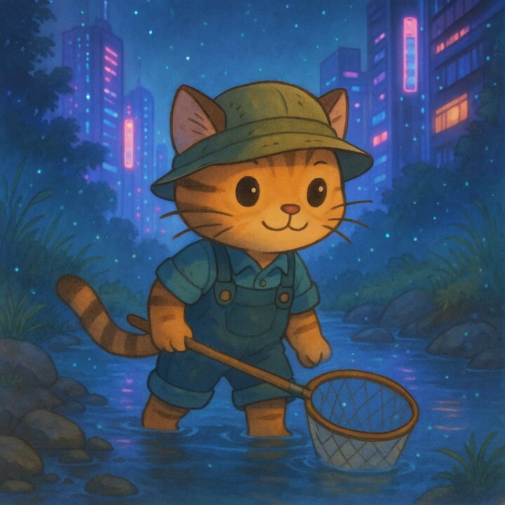 The image features a cartoon cat wearing a green hat and overalls, standing in water with its head down near some rocks. The cat appears to be fishing or searching for something in the water. The caption of the image reads "Neon nights, standard procedure. $CWIF". This suggests that the scene might have been created during a nighttime event or celebration where neon lights were used as part of the decorations and activities.