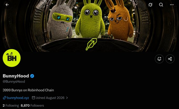 An X/Twitter profile page for 'BunnyHood' (@BunnysHood), a verified account describing itself as '3999 Bunnys on Robinhood Chain' with the website bunnyhood.xyz, joined August 2026 with 8,870 followers.