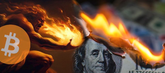 A fierce figure made of fire leans over and ignites a burning $100 bill with the Bitcoin logo glowing on the left, symbolizing the destruction of fiat currency and the rise of sound money. The image visually echoes the post's message, portraying Satoshi as Prometheus stealing the fire of sound money for humanity, setting the old financial system ablaze in favor of Bitcoin's unstoppable rise.