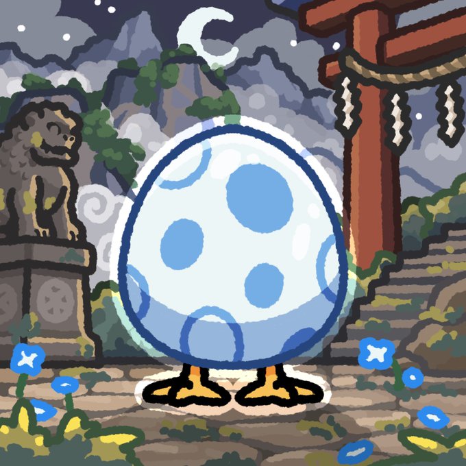 Pixel art depicting a large blue-spotted egg-like character standing in a nighttime landscape with a stone lion statue and a torii gate.