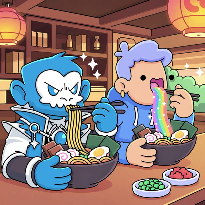 The image features two cartoon characters, a blue-haired monkey holding chopsticks over a bowl of noodles and another character with a rainbow-colored hair eating noodles from a separate bowl. The background includes bookshelves filled with various items such as bottles and vases. The caption for the image reads "Definitely need to show this some love @monxofficialx putting in some work $xrp $HBAR".