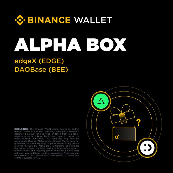 The image is a promotional graphic for the Binance Wallet Alpha Box featuring edgeX (EDGE) and DAOBase (BEE) as the two airdrop tokens, displaying a yellow gift box with the "α" symbol alongside their logos, which directly supports the announcement that qualifying users with 256+ Binance Alpha points can claim the airdrop.