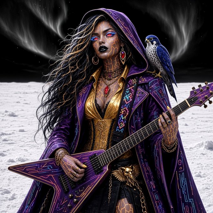 A digital fantasy illustration of a hooded woman with glowing red eyes, gold-patterned skin, and a flowing purple cloak, playing a purple electric guitar while a blue falcon perches on her shoulder against a desolate white landscape.