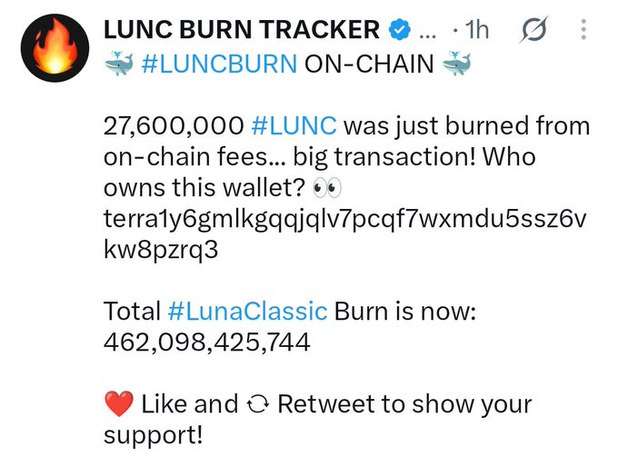 A screenshot of the verified “LUNC BURN TRACKER” account says 27,600,000 #LUNC was burned from on-chain fees, shows a wallet address, and lists “Total #LunaClassic Burn is now: 462,098,425,744.”