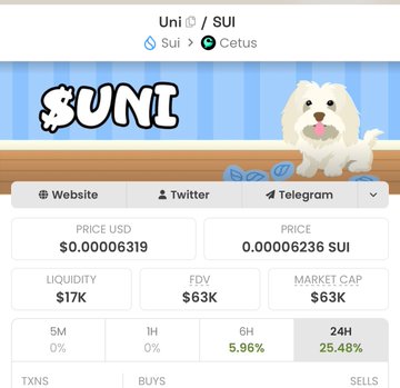 A cryptocurrency dashboard displays stats for the $UNI token on the SUI blockchain via Cetus exchange, showing a $63K market cap and $0.00006319 USD price, visually supporting the post's claim about UNI being 620x down from its $38M all-time high.