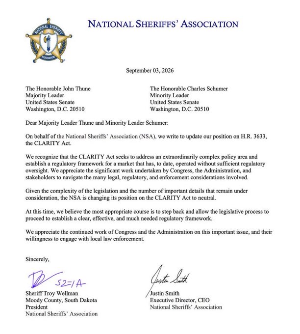A formal letter dated September 03, 2026, on National Sheriffs' Association letterhead addressed to Senate Majority Leader John Thune and Minority Leader Charles Schumer, signed by Sheriff Troy Wellman (President) and Justin Smith (Executive Director, CEO), formally announcing the NSA's shift to a neutral position on H.R. 3633, the CLARITY Act.