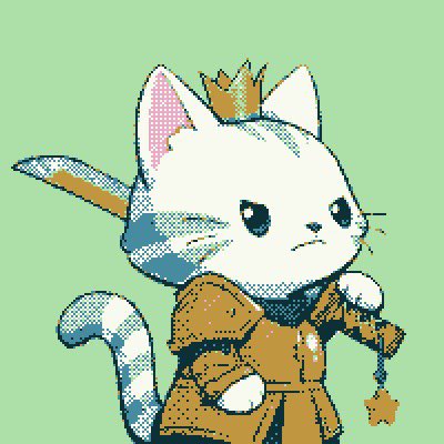 A pixel art illustration of a white cat wearing a golden crown and orange robe, holding a staff, with no visible text in the image itself. The image appears to evoke a regal or wizardly character that aligns with the mystical, fantasy-themed "Derpetual" project referenced in the post.