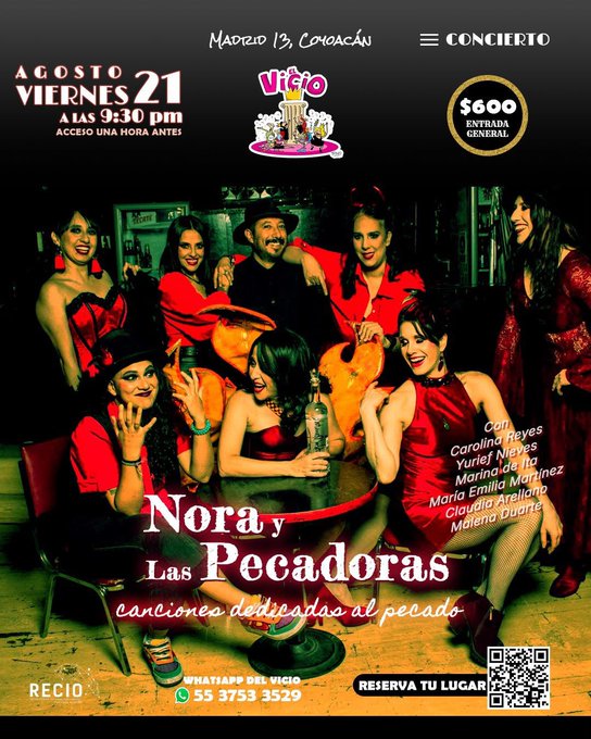 The image is a vibrant concert poster for "Nora y Las Pecadoras," a female-fronted band performing at Concierto Bar (Madrid 13, Coyoacán) on Friday, August 21st at 9:30 pm for $600 general admission, featuring band members Carolina Reyes, Yuriet Niebes, Marinada Ito, María Emilia Martínez, Claudio Arellano, and Moreno Duarte in dramatic red and black attire—promising a lively, fun-filled night of "songs dedicated to sin."