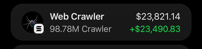 A digital wallet screen displays a 'Web Crawler' account showing 98.78M Crawler tokens valued at $23,821.14 with a daily gain of +$23,490.83.