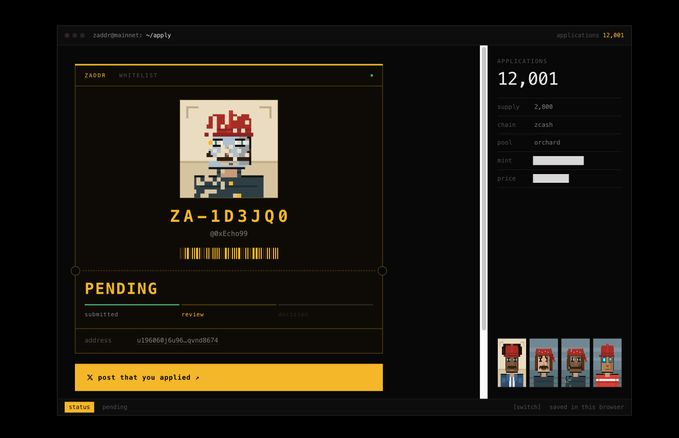 A screenshot of the ZADOR (formerly OMNOMNET) whitelist application page showing a pending status for a pixel-art character NFT with ID ZA-1D3JQ0, alongside application statistics of 12,001 applications.
