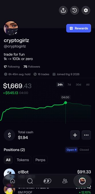 A cryptocurrency trading profile for 'cryptogirlz' (@cryptogirlz) shows a portfolio value of $1,669.43 (+$545.13), following 17 accounts with 75 followers.