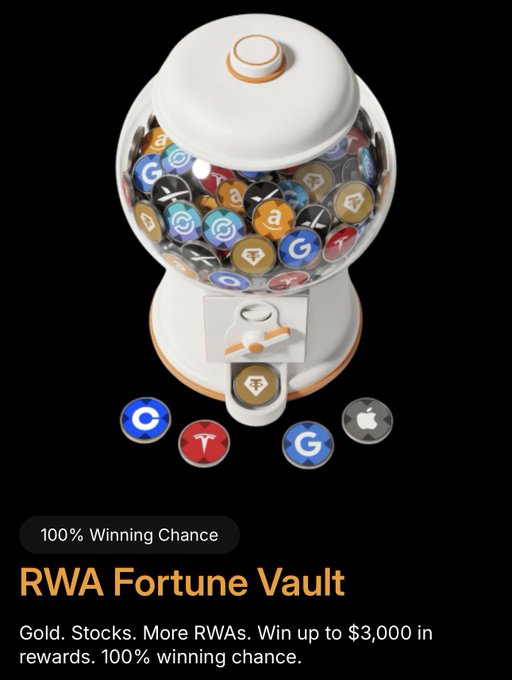 A 3D gumball-style machine filled with colorful tokens labeled "G," "T," and other symbols sits above an orange base dispensing prizes. The text reads "100% Winning Chance," "RWA Fortune Vault," and "Gold. Stocks. More RWAs. Win up to $3,000 in rewards. 100% winning chance," which directly promotes the Bybit RWA rewards campaign with its guaranteed prize concept.
