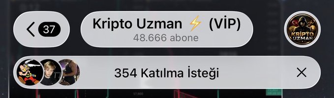 A Telegram interface screenshot showing the "Kripto Uzman ⚡ (VIP)" channel with 48,666 subscribers, 37 new posts, and 354 pending join requests, visually promoting the free VIP group advertised in the accompanying post.